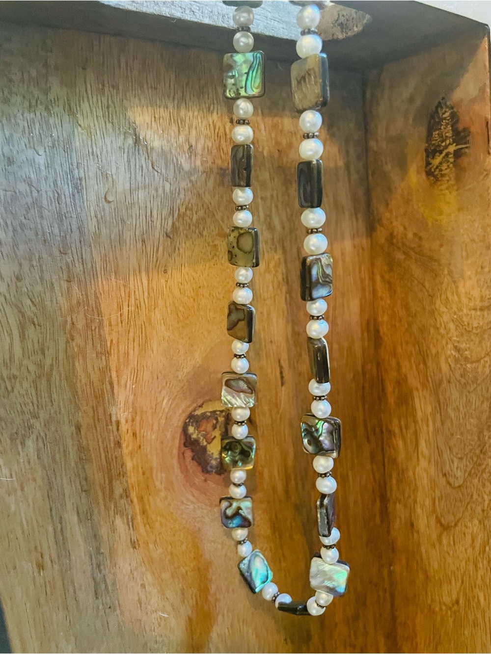 Iridescent Green Abalone and Pearl Bead Necklace